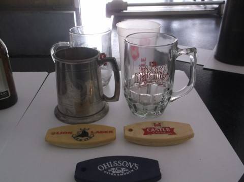 BEER MUGS : SAB MASTERS SILVER PLATED / CASTLE LAGER / CASTLE DRAUGHTFEST GOLD REEF CITY / OPENERS